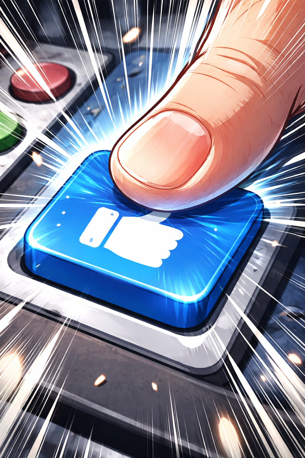 Graphic accompanying the conclusion of a cartoon image of a finger pressing a thumbs up button